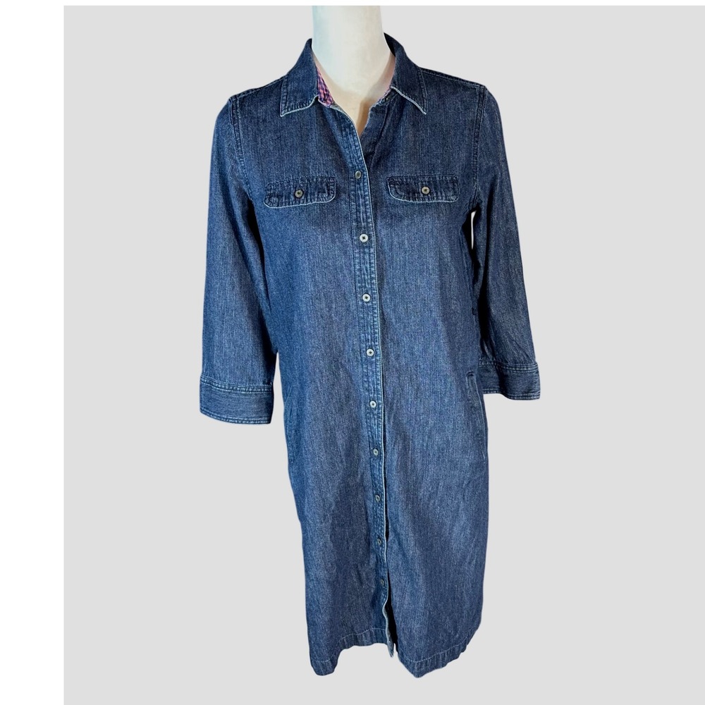 Talbots Denim Shirt Dress Women 4 Blue Button Front Pockets 3/4 Sleeve Cotton